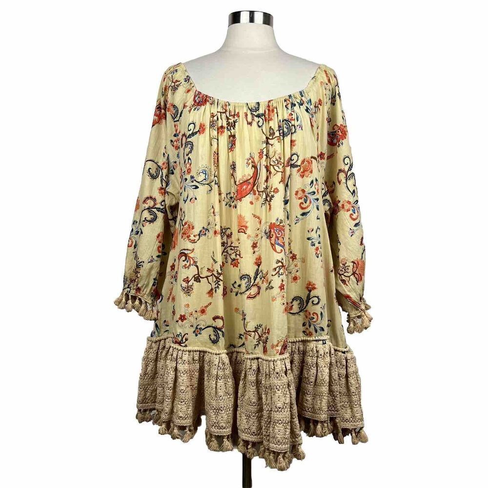 Mira Dress S Womens Yellow Boho Floral Print Lace Oversized Long Sleeves Mini